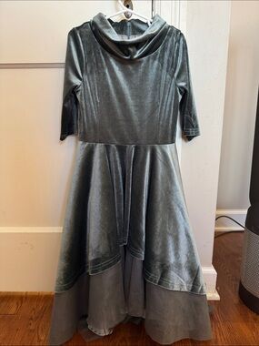 Joyfolie Girls Velvet High-Low Cowl Neck Dress in Gray
